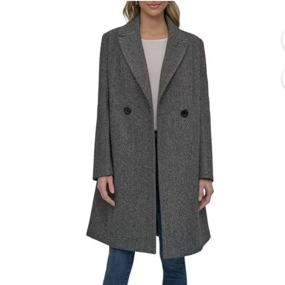 DKNY Women's Double Breasted Faux Wool Top Coat/Overcoat Grey/Black Herringbone - Picture 3 of 10